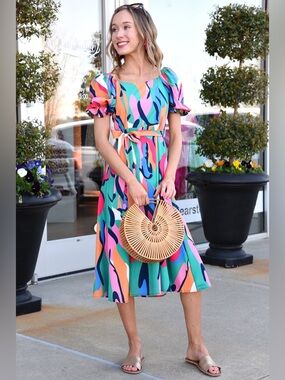 Sunday Up Multicolor Abstract Midi Dress Size Large Puff Sleeve Summer Tea Dress